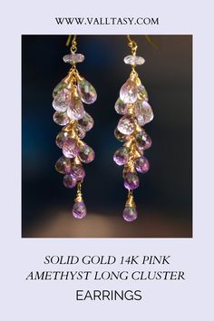 These Pink Amethyst earrings, fully made in 14K Solid Gold, are an utterly breathtaking combination of stunning gemstones and amazing lilac-purple color palette that was carefully hand picked to match the delicate gradation. Clear, sparkly drops create a fantastic cascade with lots of movement, play of delicate transparent ombre shades that shimmer and dance on your earlobes! Elegant, full of noble grace pair of earrings that will make you feel like you are on the red carpet! Amethyst Multi-stone Briolette Earrings, Yellow Gold Multi-stone Amethyst Earrings, Teardrop Multi-stone Amethyst Earrings, Lavender Briolette Gemstone Earrings, Purple Color Palettes, The Orchid, Pink Amethyst, Lilac Purple, Amethyst Earrings