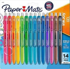 paper mate ink pens are lined up in a row with different colors and shapes on them