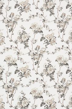 a white and grey floral wallpaper with small flowers on the top, in various sizes