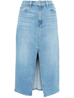 blue stretch-cotton denim appliqué logo belt loops concealed fly and button fastening classic five pockets front slit mid-length Denim Applique, Denim Midi Skirt, Stretch Cotton, Mid Length, A Line Skirts, Womens Bottoms, Midi Skirt, Skirt, ? Logo