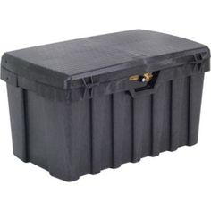 a large black storage box with wheels