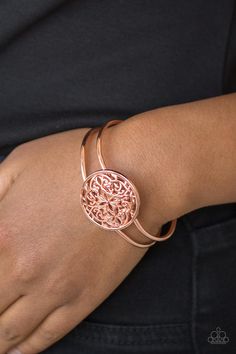 Paparazzi Accessories-Mandala Majesty - Copper Bracelet   Brushed in a high-sheen finish, shiny copper filigree spins into a mandala like frame atop a dainty cuff for a whimsical look. Features a hinged closure. Sister Jewelry, Copper Cuff Bracelet, Filigree Jewelry, Copper Cuff, Hinged Bracelet, Paparazzi Accessories, Accessories Diy Jewelry, Copper Bracelet, Affordable Jewelry