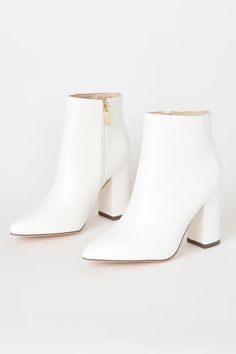 Chic White Booties - High Heel Booties - Ankle Booties Pointed Toe Boots With Zipper Closure, Pointed Toe Heels With Zipper In Faux Leather, White Ankle Heeled Boots With Zipper, White Ankle Heeled Boots With Zipper Closure, White Zipper Closure Ankle Heeled Boots, Pointed Toe Faux Leather Boots With Zipper Closure, White Ankle-high Boots With Zipper, Faux Leather Boots With Zipper Closure And Pointed Toe, Chic White Boots With Zipper Closure