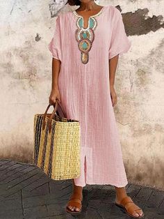 Women's Casual Dress Cotton Linen Dress Maxi long Dress Embroidered Basic Daily Split Neck Half Sleeve Summer Spring White Pink Floral 2024 - $29.99 Cheap Long Shirt Dress For The Beach, Vintage Style Embroidery, Cotton Dresses Online, Womens Beach Dresses, Womens Boho Dresses, Split Hem Dress, Bohemian Maxi Dress, Women Maxi, Boho Casual