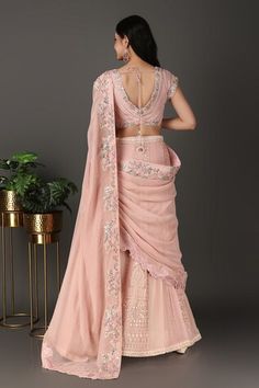 Pink pre-draped lucknowi lehenga saree with floral cutwork embroidery. Paired with a floral embroidered padded blouse and petticoat with attached cancan. - Aza Fashions Lucknowi Lehenga, Drape Lehenga, Floral Cutwork, Padded Blouse, Drape Saree, Cutwork Embroidery, Lehenga Saree, Saree With Blouse, Cut Work