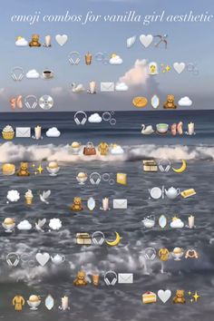 an image of the ocean with clouds and symbols