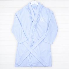 This darling Blue Stripe Women's Robe is a must-have for all moms, perfect for use all year round! Featuring playful ruffle details and an adjustable belt, this cozy robe offers everyday comfort that she'll adore. Made from a soft cotton blend, it's gentle on the skin and ideal for any season. Thoughtfully designed, it makes a heartwarming gift for new moms-to-be. Plus, you can coordinate with your little one's pajamas or baby sleeper for an extra sweet matching moment! Add a monogram to make th Spring Fitted Sleepwear With Ruffles, Fitted Ruffled Sleepwear For Spring, Spring Fitted Ruffled Sleepwear, Light Blue Fitted Sleepwear For Spring, Fitted Cotton Sleepwear With Ruffles, Fitted Spring Sleepwear For Home, Blue Cotton Sleepwear With Ruffles, Fitted Blue Sleepwear For Home, Boys Belt