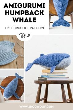 the amigurm humpback whale is knitted in blue yarn and sits on top of a wooden stool