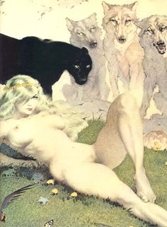 a naked woman laying on the ground in front of several wild animals