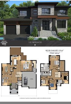 two story house plans with garage and living room in the middle, one bedroom on each floor