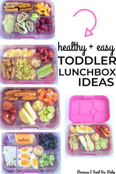 three plastic containers filled with food and the words healthy + easy toddler lunchbox ideas