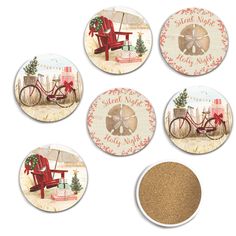 four coasters with different designs on them, one has a bike and the other has a christmas tree