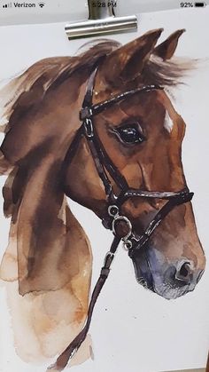 a painting of a brown horse wearing a bridle