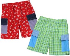 two pairs of red and green shorts with blue trims on the sides, one in plaid