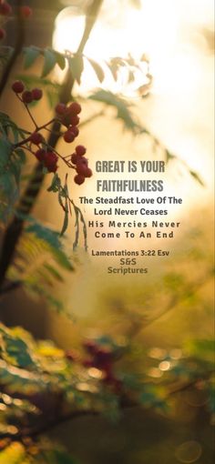 the quote great is your faithfulness on top of a branch with berries growing from it