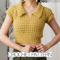 a woman wearing a yellow knitted top and green pants with the words crochet pattern on it