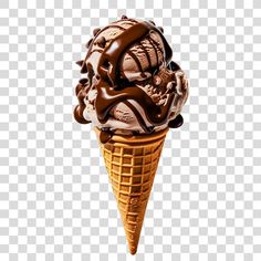 an ice cream cone with chocolate sauce on top, transparent background png clipart