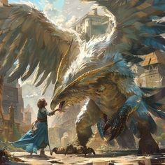 an image of a woman holding the wings of a giant bird in front of a city