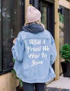 Jesus is our most faithful friend who knows our thoughtsand failures yet cares infinitely deeply about our lives.  Our What a Friend In Jesus Denim Jacket is the first piece in our denim collection. This jacket features 13 oz heavyweight denim, hand-drawn art pocket lining, back waist tabs for an adjustable fit, welt side pockets, and so much more.     Size: Model is 54" and wearing a sizeMedium. Fit: Oversized Fit Color: Light Blue Denim Composition: 100% Cotton Features: Heavyweight Denim, EF Denim Blue Letter Print Outerwear For Streetwear, Denim Blue Outerwear With Letter Print For Streetwear, Letter Print Denim Jacket For Streetwear In Winter, Denim Jacket With Letter Print For Streetwear, Fall Letter Print Relaxed Fit Denim Jacket, Fall Denim Jacket With Letter Print And Relaxed Fit, Streetwear Denim Blue Denim Jacket With Letter Print, Oversized Denim Outerwear With Letter Print, Medium Wash Letter Print Outerwear For Streetwear