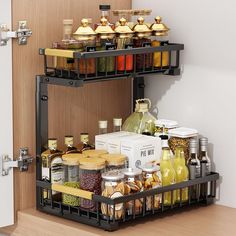 two shelves with spices and condiments in them