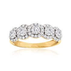 Ross-Simons - 1.00 ct. t.w. Diamond Five-Stone Halo Ring in 14kt Yellow Gold. Size 5. Inspired by a popular vintage style, this 1.00 ct. t.w. diamond five-stone halo ring is a timeless treasure. Small, shimmery diamonds crown five round brilliant-cut diamonds. 14kt yellow gold band and setting. Halo diamond ring. Diamond birthstones are the perfect gift for April birthdays. Five Stone Ring, 5 Diamond Ring, Halo Band, Diamond Crown, Diamond Birthstone, Fine Jewelery, Diamond Bridal Sets, Jewelry Wedding Rings, Ring Ideas