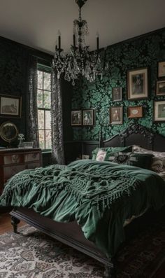 a bed sitting in a bedroom next to a window with pictures on the wall behind it