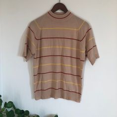 "Vintage striped mock neck sweater short sleeve acrylic knit shirt 60s mod 1960s vtg raglan stripe tee grunge Kurt Cobain sweater beige maroon mustard yellow unisex >> Please double check your measurements & compare to these listed below, for accurate sizing. Vintage often runs small, so don't rely on the tag size.  Tag reads: Lord James 100% acrylic   Measurements taken flat/unstretched : *Chest Width, armpit to armpit: approx 19 1/2\" (39\" chest) *Length, from top of shoulder/collar seam: app Casual Sweater With Vertical Stripes For Fall, Retro Relaxed Fit T-shirt, Retro Ribbed Striped Tops, Retro Striped Ribbed Tops, Fitted Striped Ribbed T-shirt, Relaxed Fit Knit Turtleneck Top, Striped Ribbed Top With Relaxed Fit, Retro Ribbed Winter Tops, Retro Crew Neck Tops For Winter