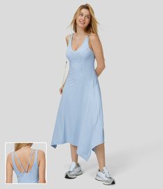 Women’s Deep V Neck Sleeveless Backless Asymmetric Hem Flowy Midi Casual Dress - HALARA Outfit Ideas For Plus Size, Aesthetic Dress Outfit, Midi Casual Dress, Comfy Outfit Ideas, Outfit Ideas Plus Size, Angel Falls, Workout Dress, Aesthetic Dress, Winter Dress Outfits