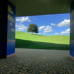 an empty room with a tree in the middle and green grass on the other side