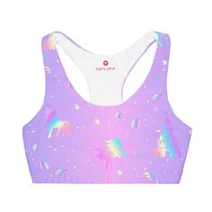 Girls' Double Lined Seamless Sports Bra Pastel Unicorn Fairytale Racerback Sports Bra With Built-in Padding For Light Exercise, Breathable Racerback Crop Top For Light Exercise, Breathable Racerback Bra For Light Exercise, Racerback Training Bra With Built-in Padding, Pink Racerback Bra For Yoga, Pink Racerback Yoga Bra, Breathable Racerback Crop Top For Light Sports, Sportswear Racerback Bra With Light Support, Racerback Bra With Medium Support For Light Exercise