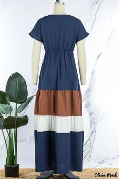 Olivia Mark - Tibetan Blue Casual Patchwork Contrast V-Neck Short Sleeve Dress - Exquisite and Stylish Dress for Women Blue Patchwork Maxi Dress For Vacation, Casual V-neck Splicing Dress, Casual V-neck Dress With Splicing, Blue Color Block Maxi Dress For Vacation, Vacation Blue Color Block Maxi Dress, Blue Patchwork Maxi Dress With Short Sleeves, Casual V-neck Color Block Maxi Dress, Casual V-neck Color Block Dress, Blue Color Block Short Sleeve Dress