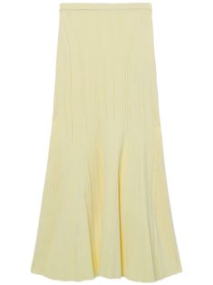 light yellow fine ribbed stretch-design high-rise ribbed waistband flared hem straight hem mid-length Elegant Ribbed Skirt For Summer, Spring Midi Ribbed Skirt, Spring Stretch Skirt With Flared Hem, Spring Skirt With Stretch And Flared Hem, Summer Ribbed Midi Skirt, Spring Ribbed Midi Skirt, Chic Ribbed Summer Skirt, Ribbed Midi Skirt For Spring, Solid Ribbed Skirt For Spring