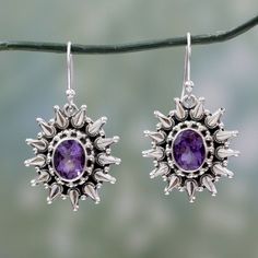 Dazzling sunbursts showcase faceted amethysts that total 6 opulent carats. From Neeru Goel in India these earrings are handcrafted of sterling silver. .925 Sterling silver Turquoise Pendant Necklace, Purple Pearl, Sterling Silver Dangle Earrings, Fancy Jewelry, Precious Jewelry, Turquoise Pendant, Silver Earrings Dangle, Necklace Sizes, Silver Pendant Necklace