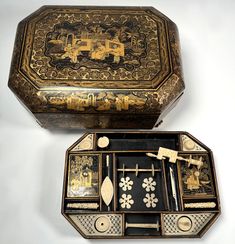 Antique Victorian Era Oriental Lacquer & Hand Painted Sewing Box, Ivory Sewing Tools include Silk Winders, Clamp, Spools, Tatting Shuttle Tatting Shuttle, Feminine Art, Sewing Box, Sewing Tools, Antique Victorian