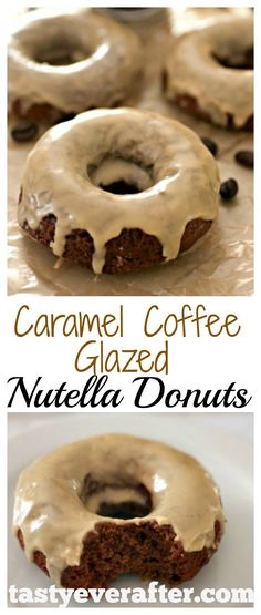 caramel coffee glazed nutella donuts on a white plate with the title above it