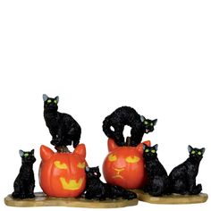 four black cats sitting on top of pumpkins