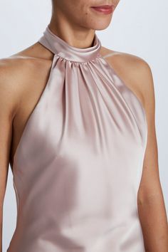 High-neck halter cocktail dress. Shown is Rose-Quartz Fluid Satin. Cocktail Dress Halter Neck, Halter Neck Silk Dress, Glamorous Halter Dress With Fitted Bodice For Wedding, Fitted Silk Halter Dress For Formal Occasions, Sleeveless Dress With Gathered Neckline For Party, Elegant Sleeveless Mini Dress With Gathered Neckline, Chic Mini Dress With Gathered Neckline For Evening, Satin Halter Dress With Fitted Bodice, Chic Evening Mini Dress With Gathered Neckline