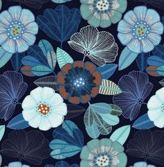 a blue and white flower pattern on a black background