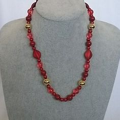 New With Tags This Custom Handmade Red And Gold Beaded Necklace Is 18 Inches Long And Has A Lobster Clasp Closure. Made Of Acrylic And Glass Beads And Is Very Lightweight. This Necklace Has A Matching Bracelet And Earrings. Red Necklaces For Valentine's Day Festive Occasions, Red Necklace For Valentine's Day Festivities, Elegant Red Beaded Necklace For Christmas, Elegant Red Necklace For Holiday, Valentine's Day Red Beaded Necklaces, Adjustable Red Necklace For Holiday, Red Single Strand Beaded Necklace For Party, Heart Stone Necklace, Gold Herringbone Chain