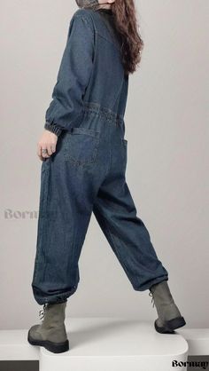 Bormay - Relaxed-Fit Vintage Workwear Denim Jumpsuit with Elastic Waistband Long Pant Jumpsuit, Vintage Workwear, Knit Jumpsuit, Pant Length, Daily Dress, Denim Jumpsuit, Wide Waistband, Casual Elegance, Long Pants