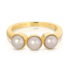 Maya Brenner x Sarah Hendler is an effortless pearl collection with pieces that feel modern, chic and not too fancy. Our Tres Pearl Ring is solid 14K yellow gold with a 2mm band and three 4mm bezel set white pearls. Please allow 1-2 weeks for processing Modern Yellow Gold Pearl Ring For Anniversary, Gold Pearl Drop Ring In Classic Style, Elegant White Pearl Ring With Bezel Setting, Modern 14k Yellow Gold Pearl Ring, Elegant Yellow Gold Pearl Ring With Bezel Setting, Modern Round Pearl Ring In Yellow Gold, Modern Gold Pearl Ring, Elegant Stackable Rings With Smooth Bezel, Classic Gold Stackable Pearl Rings