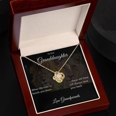 To Our Granddaughter Necklace from Grandparents. Imagine her reaction receiving this beautiful Love Knot Necklace. Representing an unbreakable bond between two souls, this piece features a beautiful pendant embellished with premium cubic zirconia crystals. Surprise your loved one with this gorgeous gift today! Granddaughter Necklace, Love Knot Necklace, Yellow Gold Necklace, Love Knot, Knot Necklace, Gorgeous Gift, Beautiful Love, Pendant Necklaces, Jewelry Necklace Pendant