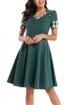 Elegant V-neck Plaid Patched #HomecomingDress A Line Prom Dress, Evening Dresses Short, A Line Prom Dresses, Green Prom Dress, Elegant Dresses For Women, Draped Dress