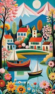 a painting of boats and flowers on the water