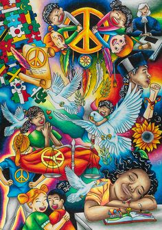 a painting with people and peace signs on it