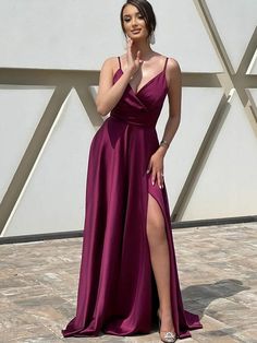 A-Line/Princess Elastic Woven Satin Ruffles V-neck Sleeveless Sweep/Brush Train Dresses Prom Dress With Train, Formal Prom Dresses Long, Evening Party Gowns, Womens Prom Dresses, Evening Dresses Cocktail, Winter Fabric, Princess Style, Long Bridesmaid Dresses, Evening Gowns Formal