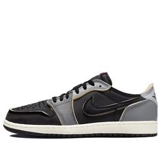 Introducing the Air Jordan 1 Low OG Black Smoke Grey. You won't find another sneaker as sleek and stylish as this piece of footwear from Jordan. Its leather upper is constructed from a breathable nylon, giving you superior comfort and ventilation for long wear periods. At first glance, you will notice its eye-catching mixture of five different colors tone: sail, coconut milk, light smoke grey, dark smoke grey, as well as black. These synthetic hues complete the overall aesthetic of the shoe with Custom Black Fade-resistant Sneakers For Sports, Breathable Black Skate Shoes For Light Sports, Black Fade-resistant Custom Sneakers For Sports, Black Fade-resistant Skate Shoes For Light Sports, Black Low-top Breathable Custom Sneakers, Modern Black Sneakers For Training, Black Low-top Training Sneakers, Urban Style Low-top Custom Sneakers With Fade Resistance, Black Low-top Sneakers For Training