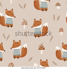 an image of a pattern with foxes and mushrooms on the backgroung background