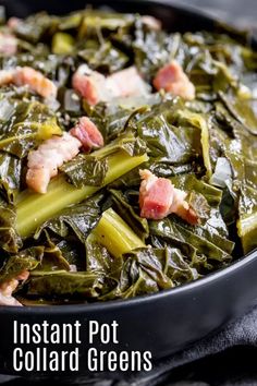 cooked collard greens in a skillet with bacon and green onions on top, text instant pot collard greens