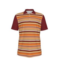 an orange and brown striped polo shirt on a white background with the word, golf